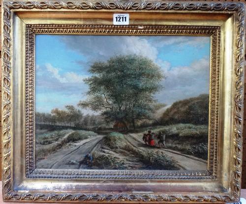 Vincent Laurensz van der Vinne II (1686-1742), Figures on a country path, signed, oil on panel, 28cm x 36cm.