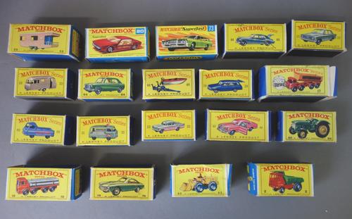 Eighteen Matchbox die-cast vehicles from the 1-75 series, comprising; 2 Muir Hill dumper, 50 Tractor, 53 Mercedes Benz Coupe, 22 Vauxhall Cresta, 21 M