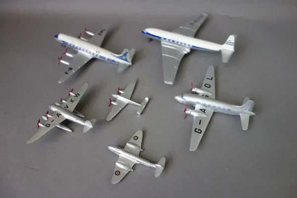 A quantity of Dinky die-cast aeroplanes and related vehicles, comprising; 706 Vickers Viscount air liner, two Hawker Hunter fighters, 735 Gloster Jave