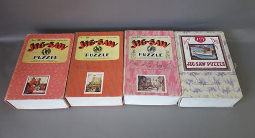 Five GWR vintage wooden jigsaw puzzles, comprising; Windsor Castle from the air, Historic Totnes, The Romans at Caerleon, Windsor Castle and The Cathe