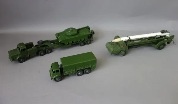 A Dinky 698 Gift set, Tank Transporter with tank, a Dinky 666 Missile Erector Vehicle with corporal missile and launching platform and a Dinky 622 10