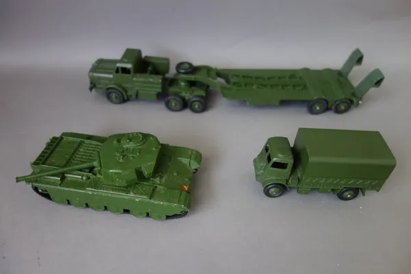 A Dinky 660 Tank Transporter, a Dinky 651 Centurion Tank and a Dinky 623 Army covered wagon, all boxed (paint refreshed in places), (3).
