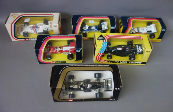 Eleven Corgi F1 racng cars, comprising; model numbers 150 through to 161 (lacking model number 157), all boxed, (11).