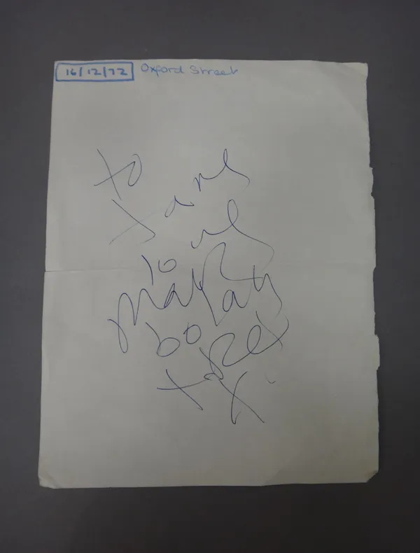 Marc Bolan autograph 1972 - written in blue ball point on the page of an exercise book (23 x 17cms.), obtained in Oxford Street 16/12/72