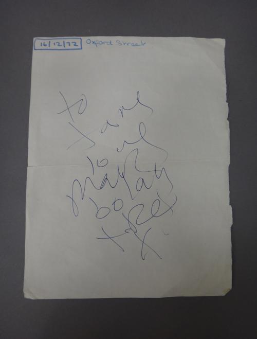 Marc Bolan autograph 1972 - written in blue ball point on the page of an exercise book (23 x 17cms.), obtained in Oxford Street 16/12/72