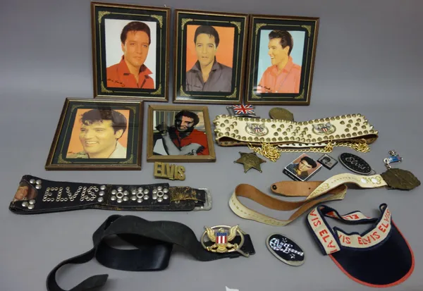 Elvis interest; a group of collectables, including buckles, mirrors, pictures and sundry, (qty).