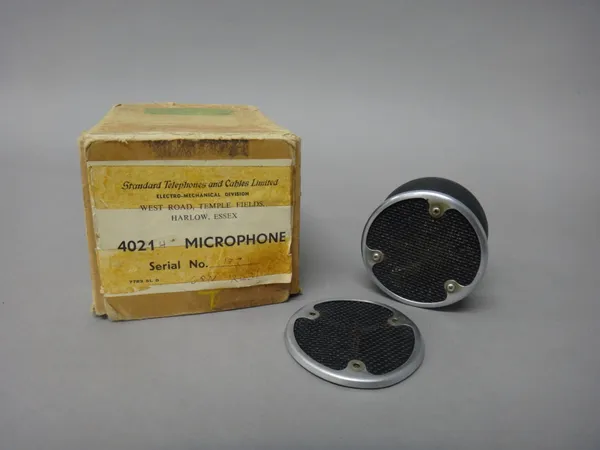 A vintage 'Ball & Biscuit' 4021 type microphone, by Standard Telephones & Cables Ltd, boxed.