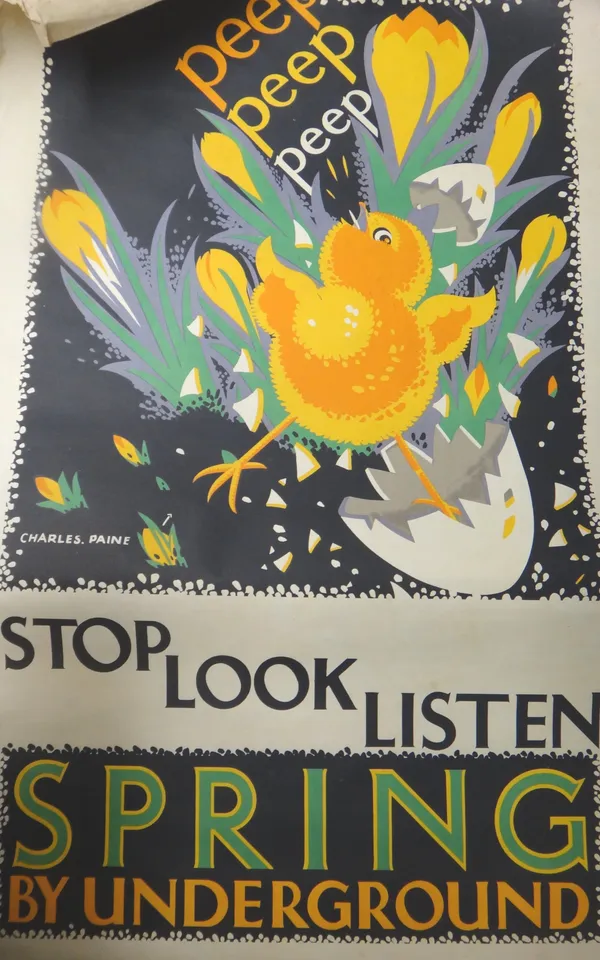 A quantity of vintage lithographic posters, including; 'Peep Peep Peep' by Charles Paine, 'Epping Forest' by Motor Bus, 'Kodak Girl' and 'Rhododendron