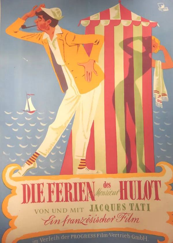 A Vintage German film poster, 'Die Ferien des Hulot', mid-20th century, coloured lithograph, laid to linen, 83cm x 59cm.