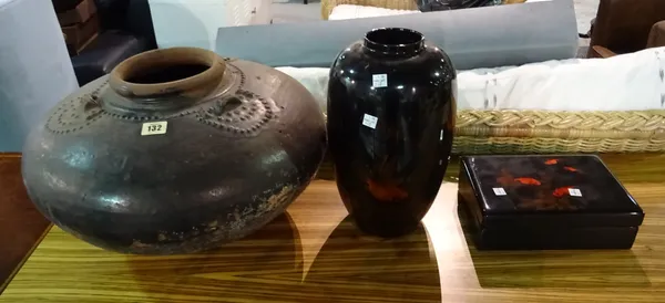 A large probably African terracotta bowl, an Asian black lacquer vase decorated with fish, and a similar box, (3).  G4