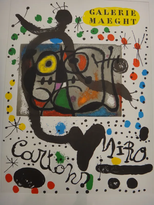 Four vintage Joan Miro coloured lithographs; Terres du Grand Feu, Sala Gaspar, fundacio Joan Miro Parc Montjvic and Galerie Maeght, the smallest 72cm