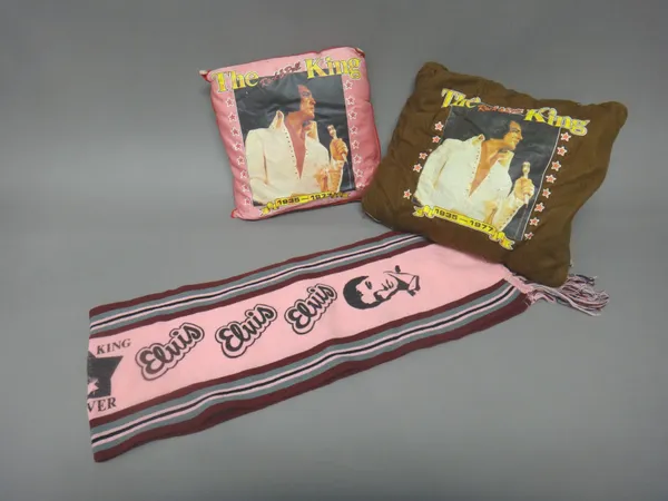 Elvis interest; a quantity of scarves, cushions and throws, all relating to Elvis Presley.