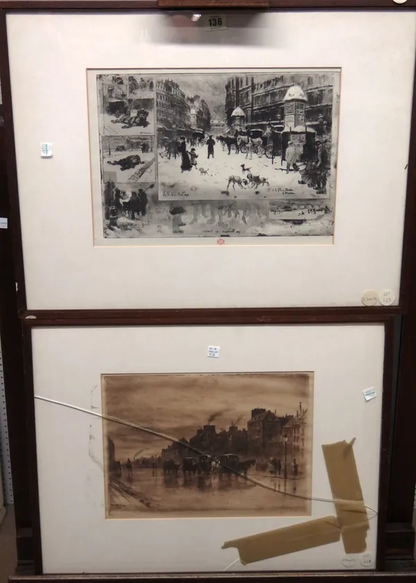 After Felix Buhot, A la Place Breda; Street scene, two prints, the larger 24cm x 34.5cm.  H1