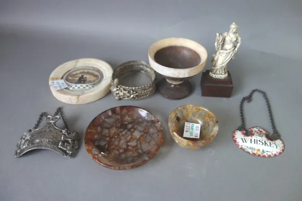 A quantity of small collectables, including; an anti-slavery decoupage in a circular alabaster frame, 8cm diameter, a hardstone bowl and saucer, a sil