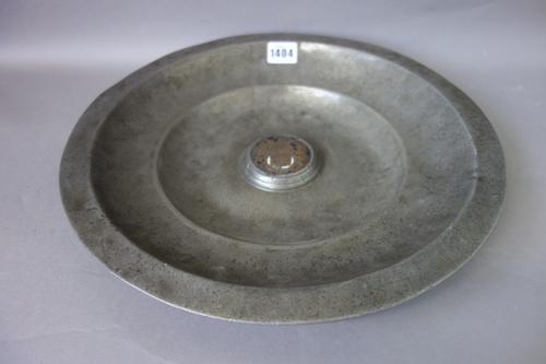 A James I style pewter and enamel rose bowl, 18th century, with Royal standard enamel roundel to the centre and a wide rim, indistinct touch marks to