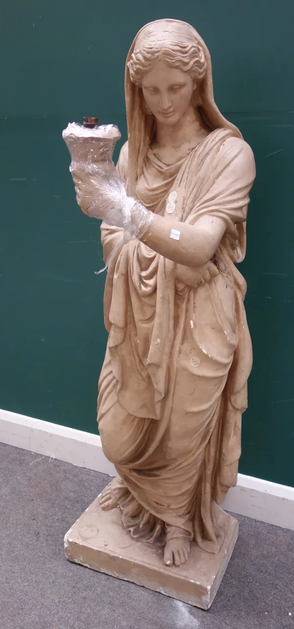 A plaster vestal virgin figure, the left hand adapted to take a light fitment, raised on an integral rectangular plinth, (a.f.) 139cm high