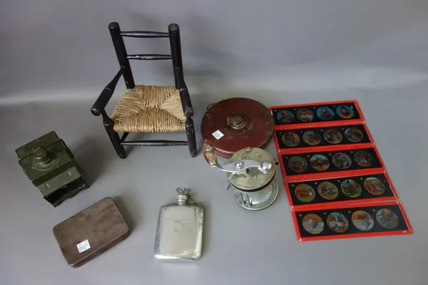 A quantity of collectables, including; a leather jewellery case, radio valves, a miniature armchair, a sea fishing reel, a Hardy reel case, coloured l