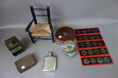 A quantity of collectables, including; a leather jewellery case, radio valves, a miniature armchair, a sea fishing reel, a Hardy reel case, coloured l