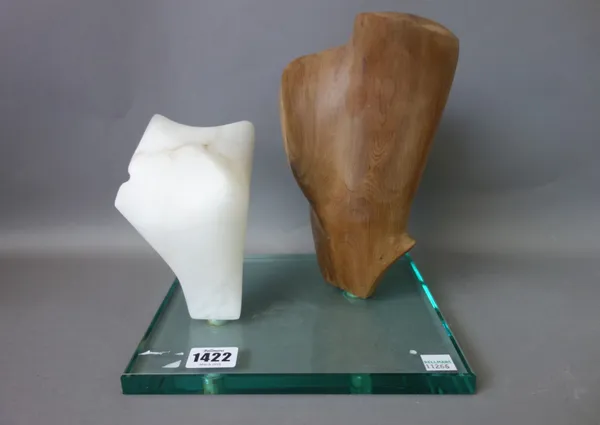 British school, 20th century, sculpture in the manner of the late David Collins, wood and marble on a glass base, 21.5cm wide.