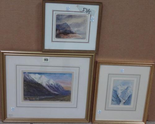 A group of three watercolours, including two mountain scenes, circle of John Ruskin, and a view of Hastings.(3)  H1
