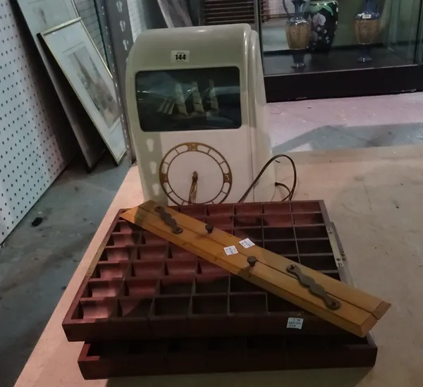 Collectables, including; early 20th century Vitascope plastic mantel clock with boat display, two hardwood trays, a large brass charger and a ruler, (