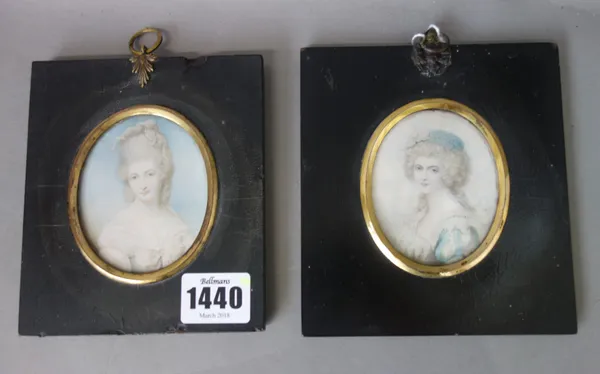 Late 18th century English School, a portrait miniature on ivory of lady Diana Sinclair 1791, wearing a striped blue dress with lace edging, inscribed