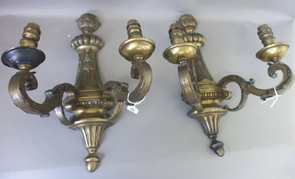 A set of four Victorian style patinated bronze two branch wall appliques, modern, each shaped backplate issuing two square scroll arms, the backplate