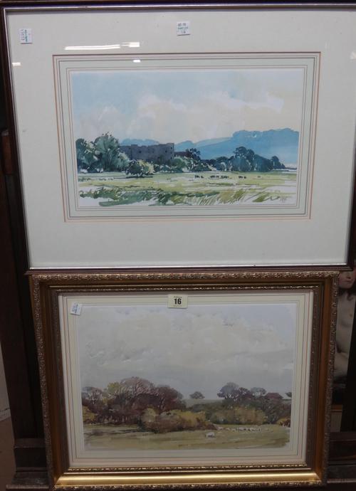 John Edwin Blake (20th century), A view of Streamfield, Maplehurst, Sussex; Amberley Castle from the Wildbrooks, two watercolours, both signed with in