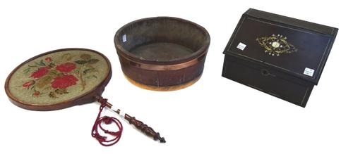 A 19th century coopered oak and brass bound small plant holder, 25cm diameter, a French small inlaid stained satinwood slope front stationary box, 23c