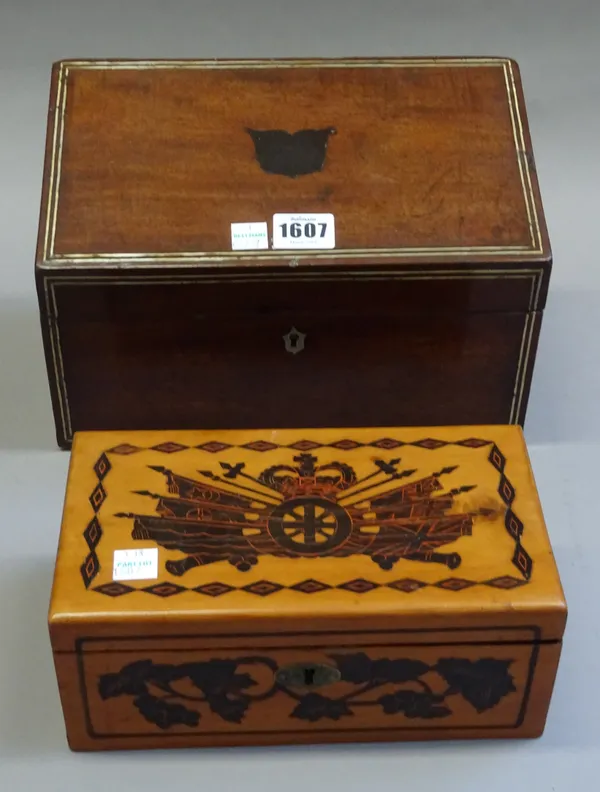 A 19th century inlaid mahogany slope front stationary box, 27cm wide, together with an inlaid satinwood rectangular box, 21cm wide, (2).