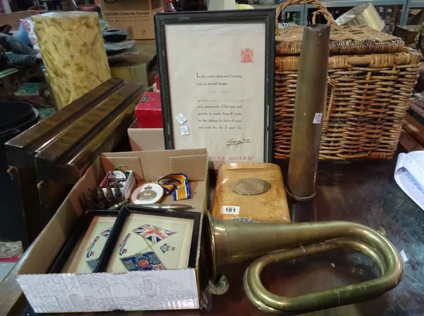 Collectables, including; military items, a brass horn, a cigar cased formed as an oversized vesta case and sundry, (qty).  C