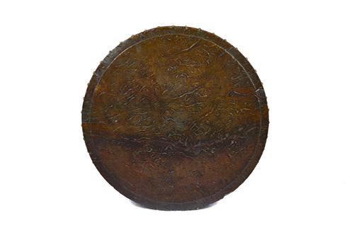 A circular stained elm table top, 70cm diameter x 2cm thick.  Illustrated