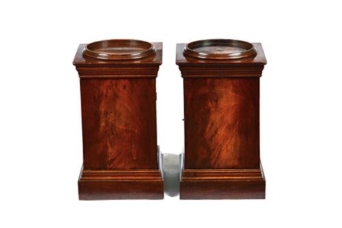 A pair of 19th century mahogany pedestals, of diminutive proportions, each with curved dished circular top over cupboard, 29cm wide x 50cm high x 29cm