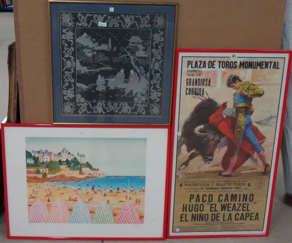 A bull fighting poster, a pair of watercolour landscapes by Dunn, a colour lithograph of a beach scene, a chalk drawing and an embroidered panel.(6)