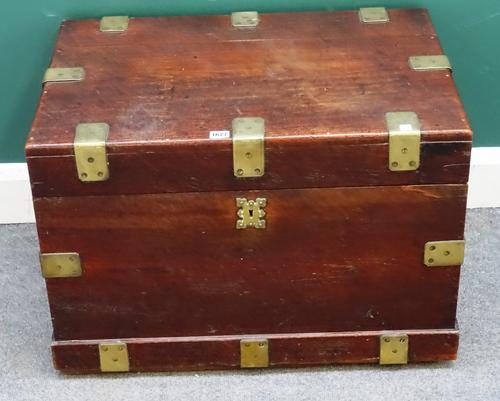 A 19th century teak and brass mounted Naval Captains trunk with fitted interior on plinth base, 73cm wide x 50cm high x 51cm deep.