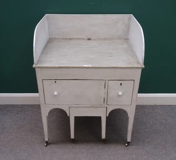 A George III later grey painted galleried washstand, on tapering square supports, 80cm wide x 103cm high x 62cm deep.