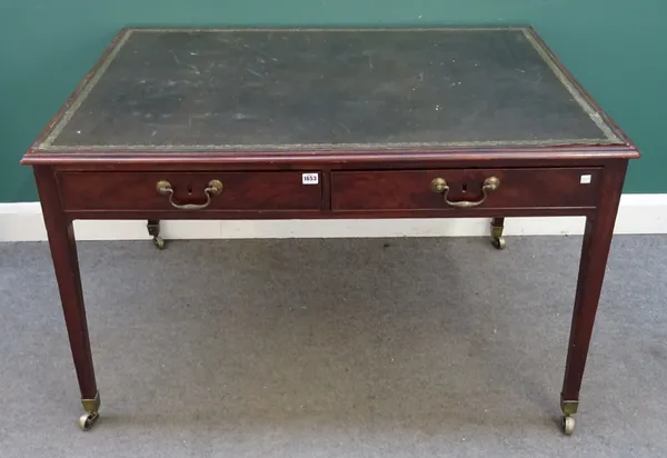 A George III mahogany writing desk, the leather inset rectangular top over a pair of frieze drawers, on tapering square supports, 125cm wide x 75cm.