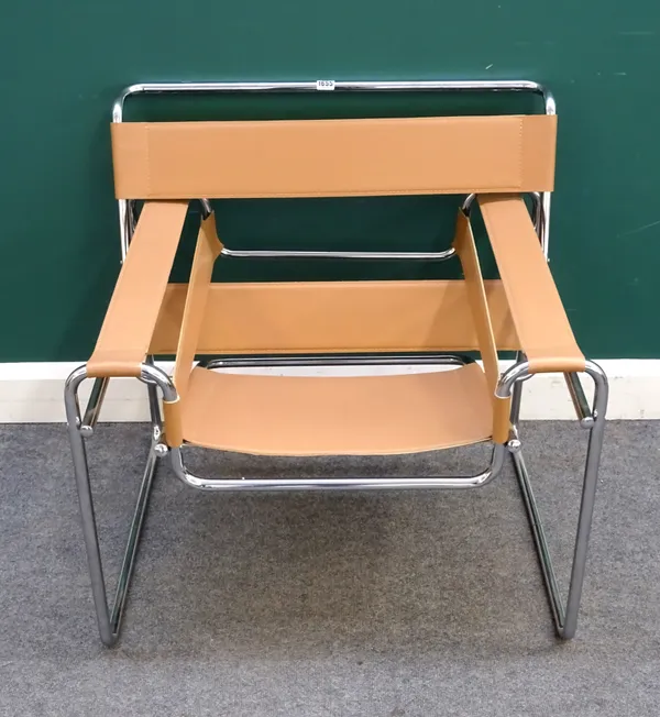 After Marcel Breuer; a model B3 or Wassili tan leather and chrome easy chair, 79cm wide x 74cm high.