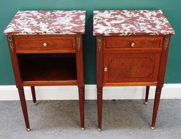 A pair of Louis XVI style bedside tables, early 20th century, each with marble tops over gilt metal mounted mahogany bases, 47cm wide x 8cm high x 38c