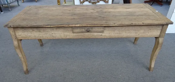 A 19th century Continental oak kitchen table, the cleated plank top over three frieze drawers, on cabriole supports, 78cm wide x 201cm long x 81cm hig