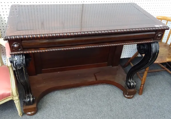 A William IV rosewood console table, with split bobbin decoration and cushion frieze drawer, on scroll supports united by concave platform undertier,