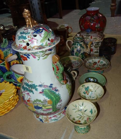 Asian ceramics, including; a pair of 19th century and later famille verte type stem cups, two octagonal dishes, vases decorated with peaches and sundr