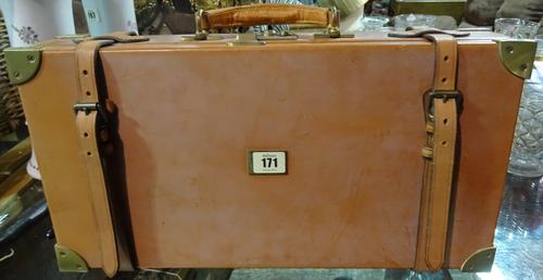 A 20th century tan leather and brass mounted rectangular case, fitted for ten drinking vessels, and a canvas and leather Holland & Holland hip flask,