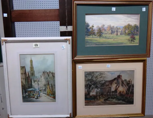 A group of three watercolours, including a view of a ruined abbey by M. B. Bigland; a Continental town scene by Cyril Hardy and a cottage scene, unsig