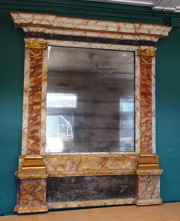 A late 19th century Italian polychrome decorated simulated marble framed overmantel mirror, the plate within architectural frame, gilt swags, 162cm wi