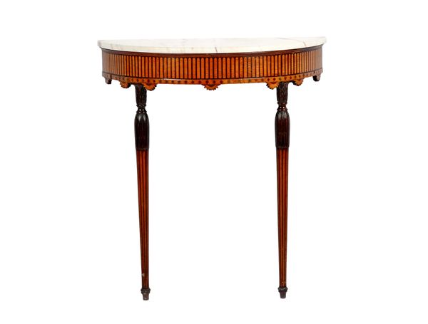 A George III inlaid satinwood and mahogany semi-elliptic console table, the marble top over shaped frieze on a pair of turned tapering supports, 77cm