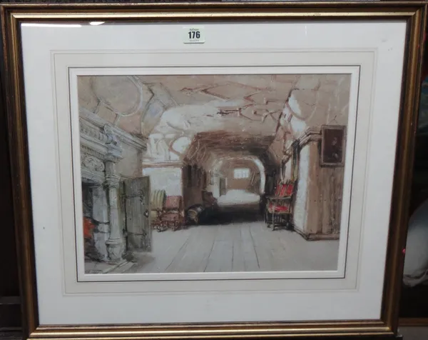 C** R** (19th century), Interior view of a Tudor Long Gallery, watercolour, signed with initials and dated 1845, 31cm x 40.5cm.