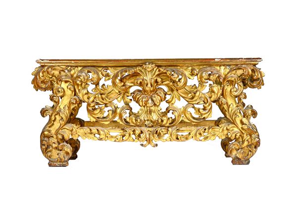 A large 18th century style giltwood console table base, 19th century, the rectangular top over a deep acanthus carved frieze on four scroll supports,