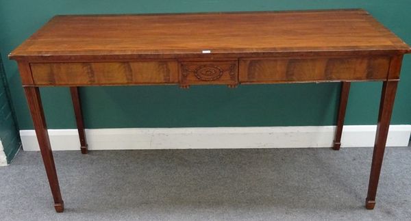 A George III style mahogany serving table, with pair of flush fit frieze drawers on channelled tapering square supports, 167cm wide x 68cm deep x 86cm