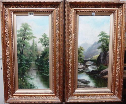 English School (early 20th century), River scenes, a pair, oil on board, each 45cm x 19cm.(2)  F1